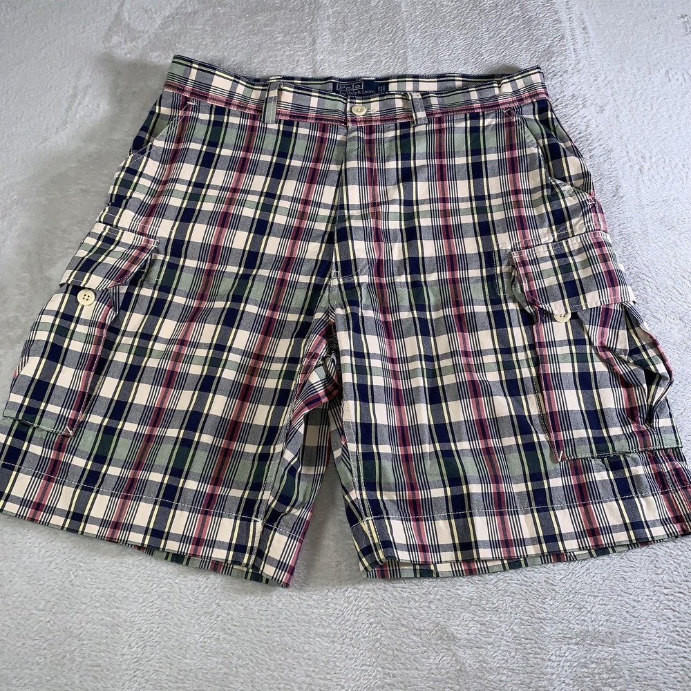 Vintage Polo Ralph‎ Lauren Cargo Shorts Mens 35 Madras Plaid Cotton 9.5" Inseam